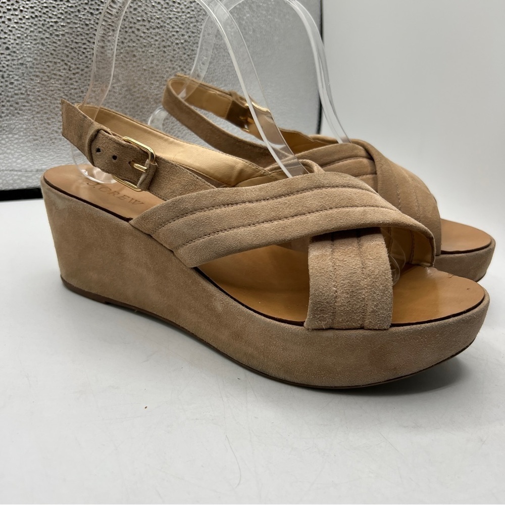 J CREW MARCIE Platform Wedge Sling Back Tan Suede Ankle Buckle Sandals